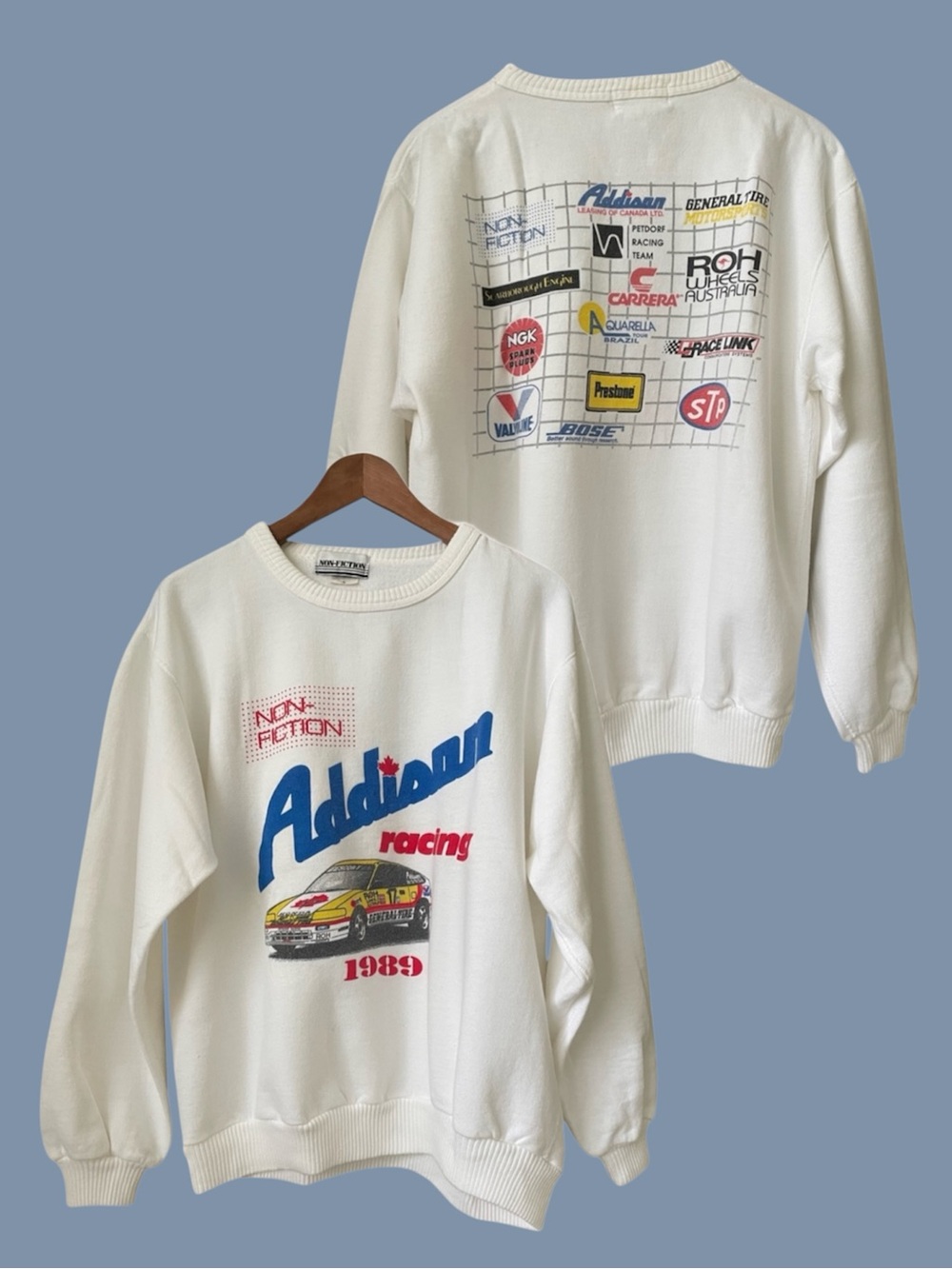 Vintage 1989 Addison Racing Sweatshirt Made Canada Cotton Graphic Crewneck L XL